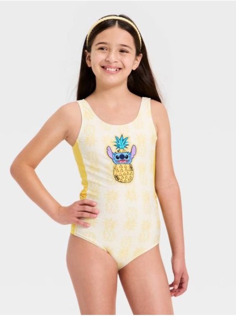 Disney Yellow Pineapple Stitch Girls' One-Piece Swimsuit Small 5/6